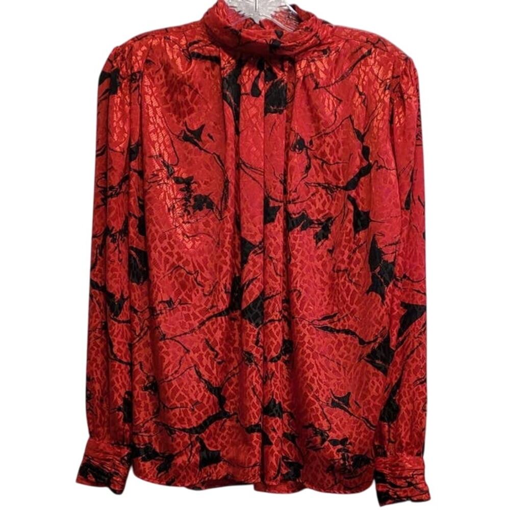 Vintage Tess Paris Milano Turtleneck Red & Black Silky Blouse Shirt